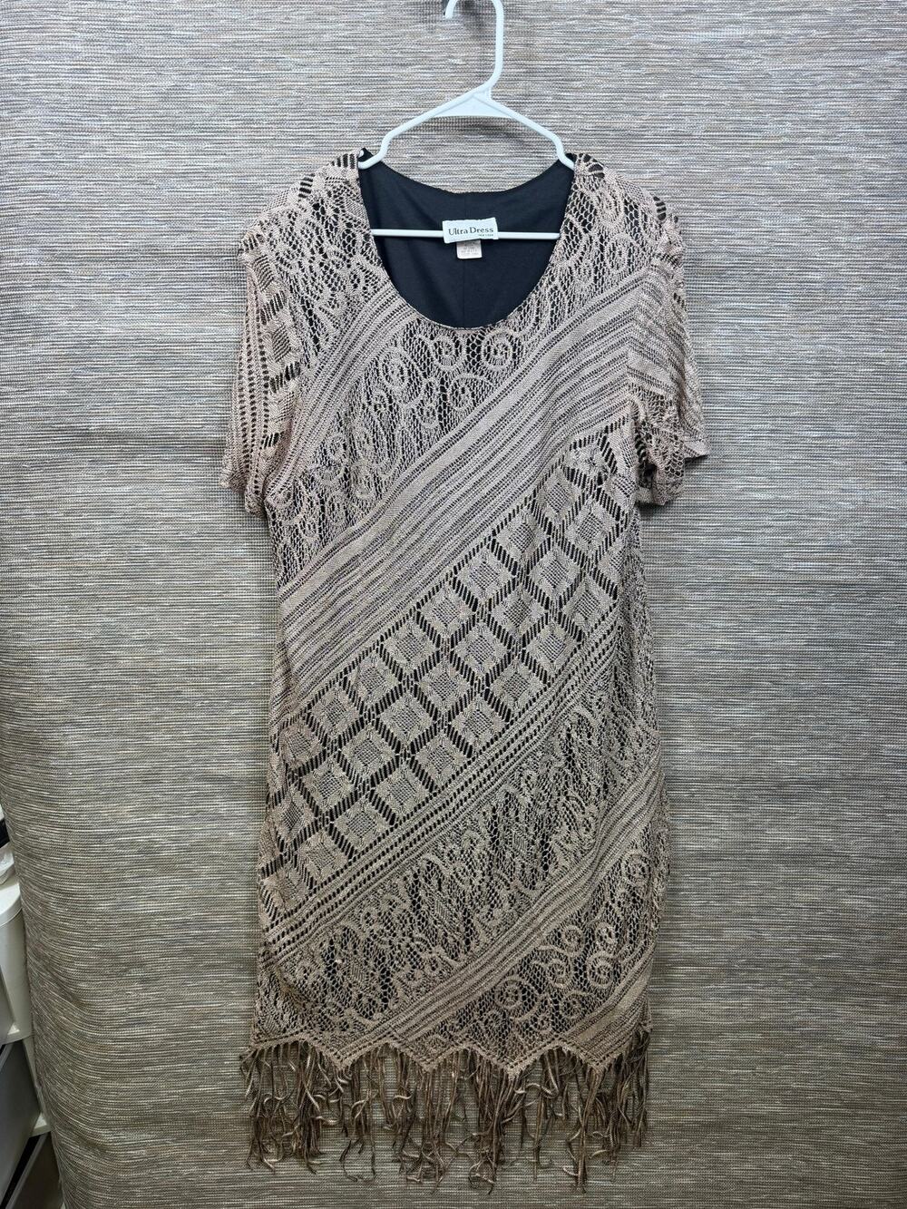 Ultra Dress Womens 16W Beige Geometric Crochet Fringe Shift Knee Length Party8